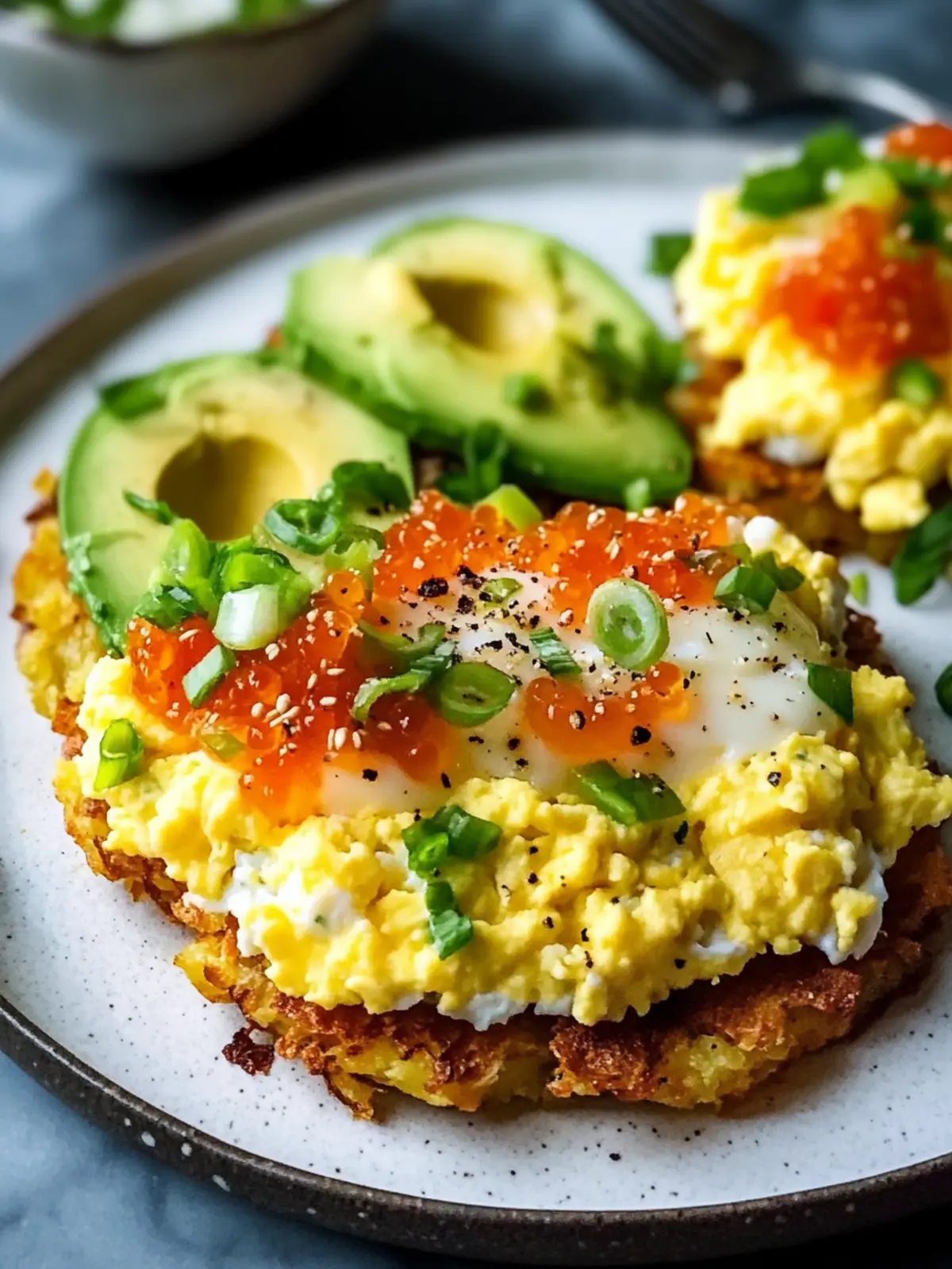 Savory Loaded Hash Browns with Scrambled Eggs & Avocado Recipe 2 Loaded Hash Browns with Scrambled Eggs, Avocado, and Cottage Cheese Recipe