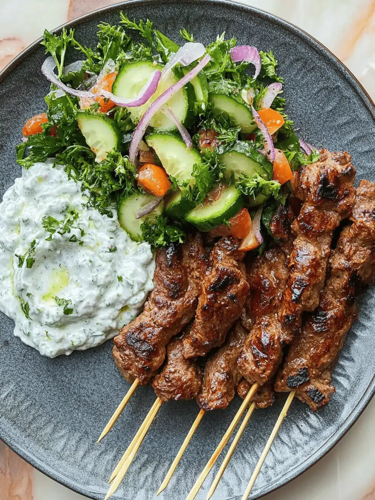 Savor Summer: Pork Souvlaki with Cucumber Salad & Tzatziki 3 Pork souvlaki with cucumber salad and tzatziki