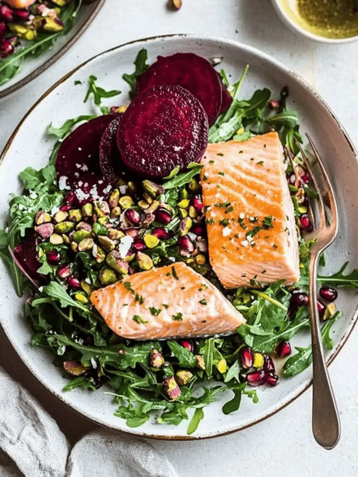 Colorful Salmon Salad with Beets, Arugula, Pistachios & Pomegranates 3 Salmon Salad with Beets, Arugula, Pistachios and Pomegranates