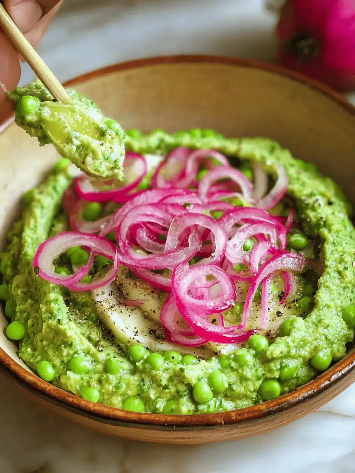 Creamy Pea and Artichoke Dip with Tangy Pickled Onions 2 Pea and artichoke dip with pickled onions
