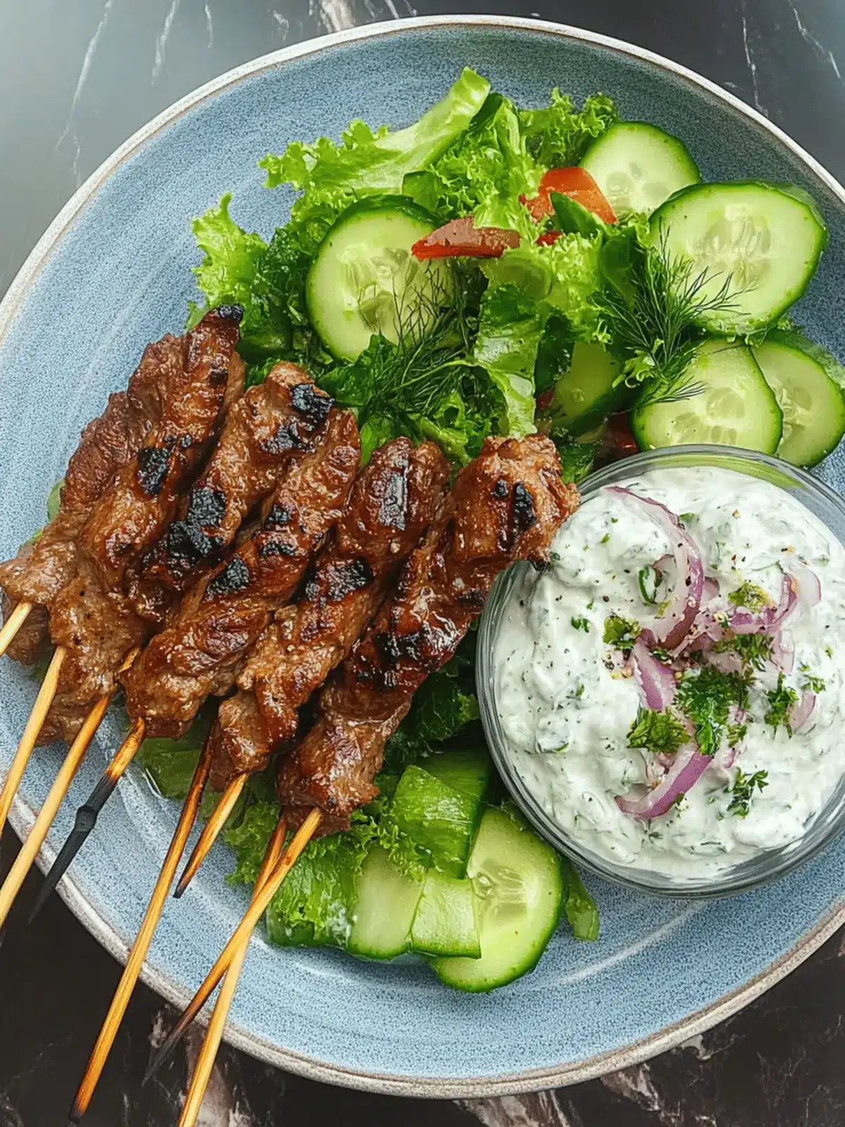 Savor Summer: Pork Souvlaki with Cucumber Salad & Tzatziki 4 Pork souvlaki with cucumber salad and tzatziki