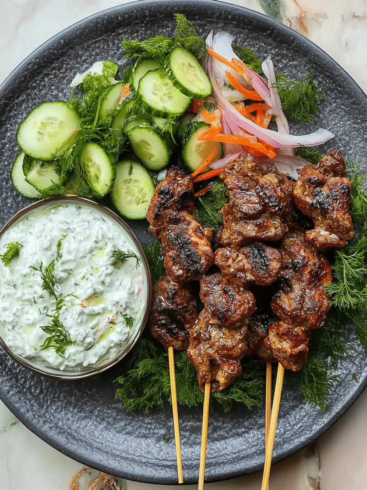 Savor Summer: Pork Souvlaki with Cucumber Salad & Tzatziki 2 Pork souvlaki with cucumber salad and tzatziki