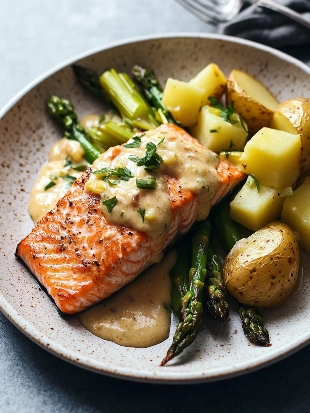 Delicious Spring Salmon with Creamed Leeks and Asparagus Delight 2 Spring Salmon with Creamed Leeks, Potatoes, and Asparagus