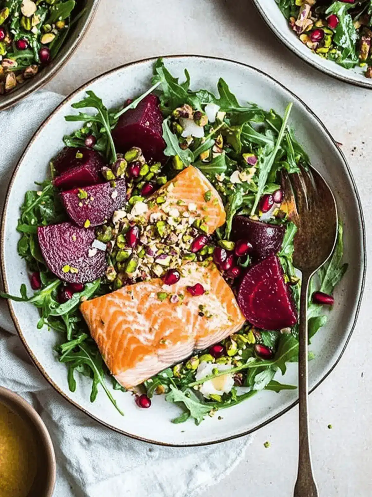 Colorful Salmon Salad with Beets, Arugula, Pistachios & Pomegranates 2 Salmon Salad with Beets, Arugula, Pistachios and Pomegranates