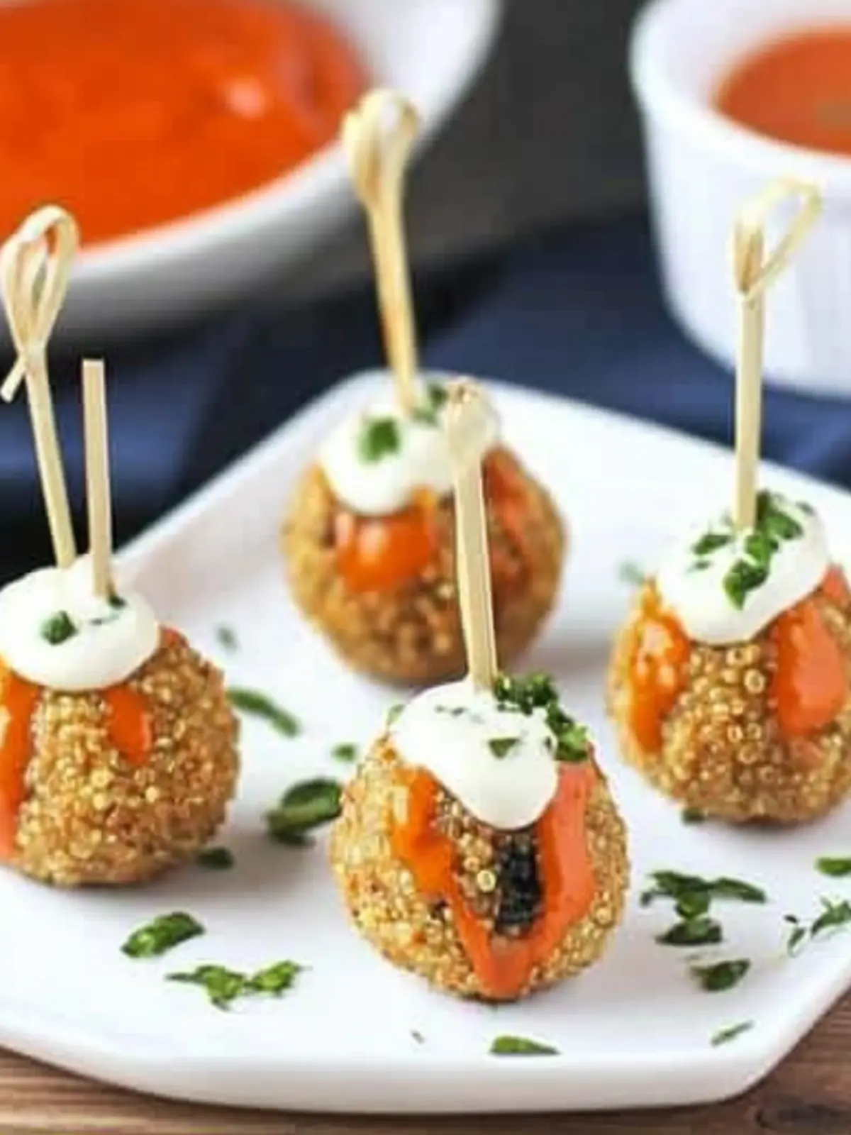 Spicy Buffalo Quinoa Balls with Creamy Ranch Dipping Sauce 3 Buffalo Quinoa Balls with Ranch Dipping Sauce