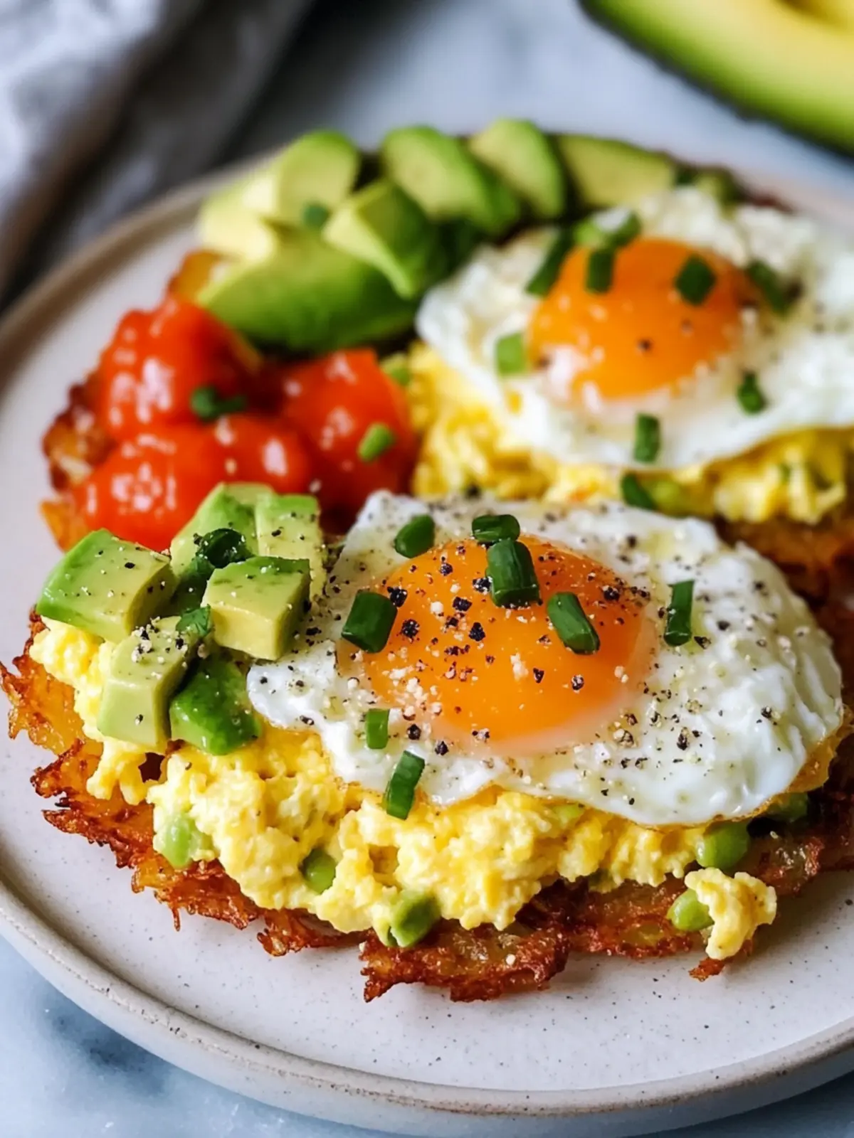 Savory Loaded Hash Browns with Scrambled Eggs & Avocado Recipe 4 Loaded Hash Browns with Scrambled Eggs, Avocado, and Cottage Cheese Recipe