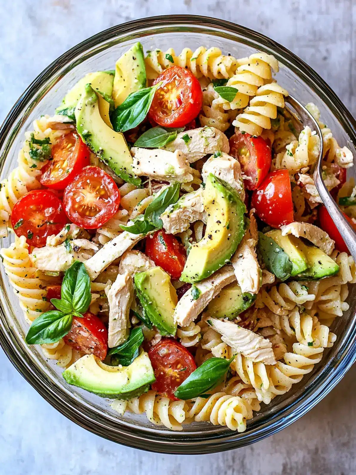 Zesty Healthy Chicken Pasta Salad with Avocado, Tomato, and Basil 3 Healthy Chicken Pasta Salad with Avocado, Tomato, and Basil