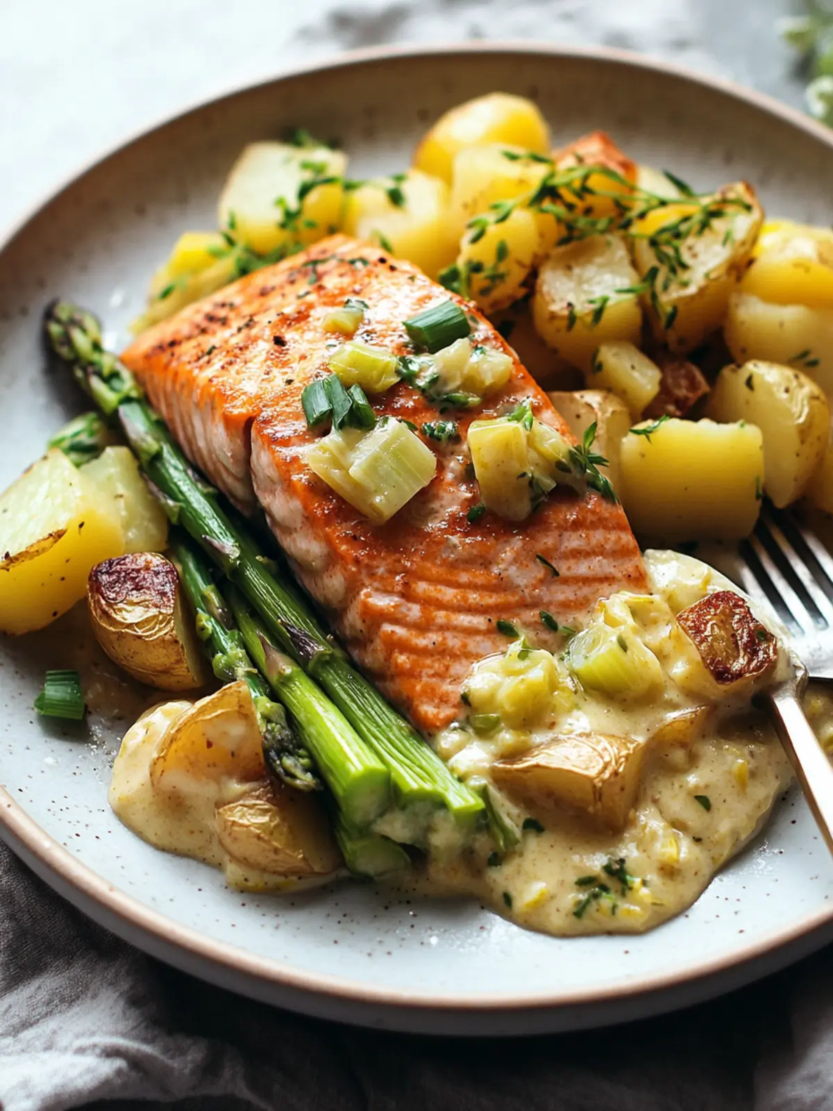Delicious Spring Salmon with Creamed Leeks and Asparagus Delight 4 Spring Salmon with Creamed Leeks, Potatoes, and Asparagus