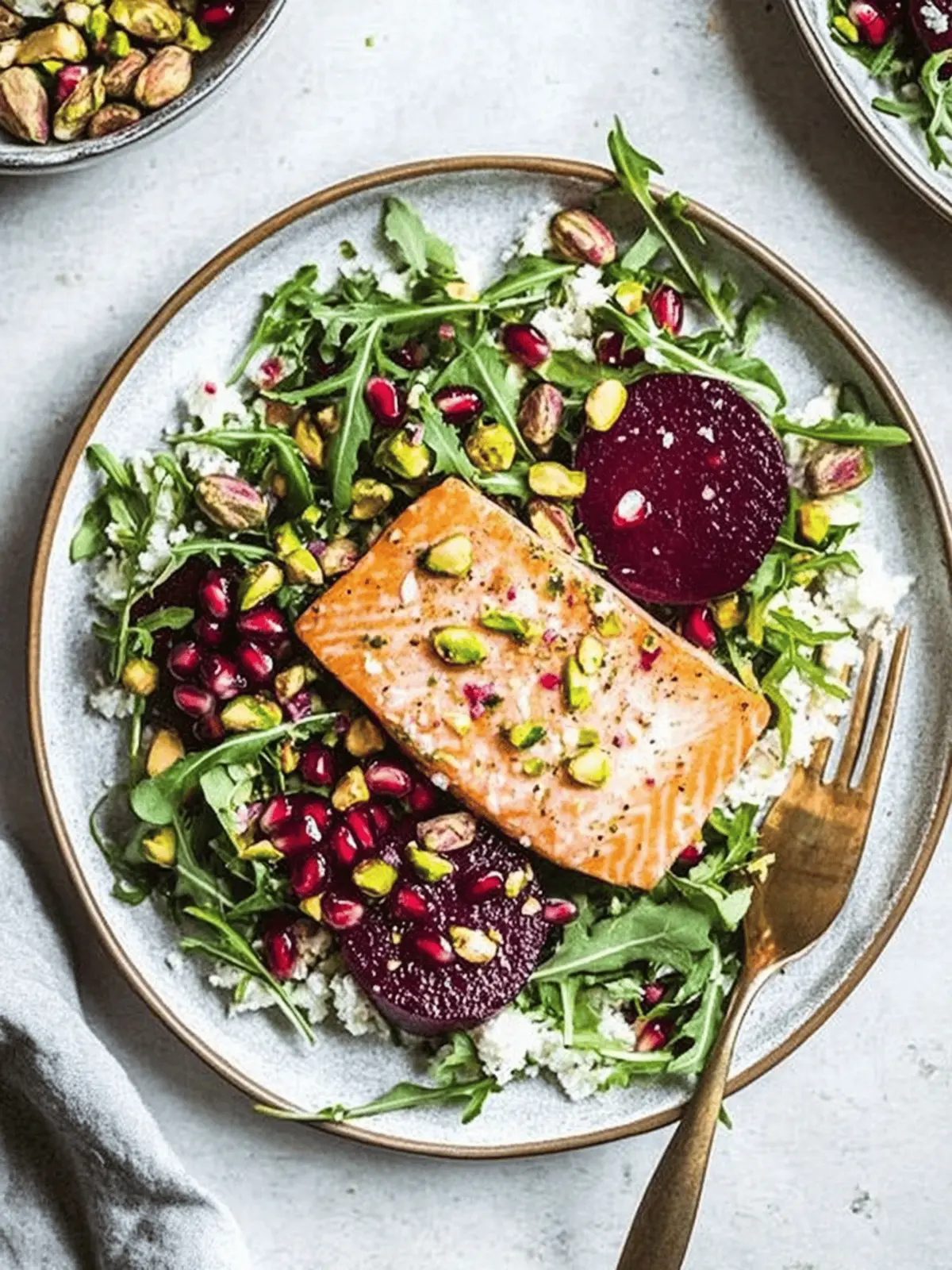 Colorful Salmon Salad with Beets, Arugula, Pistachios & Pomegranates 4 Salmon Salad with Beets, Arugula, Pistachios and Pomegranates