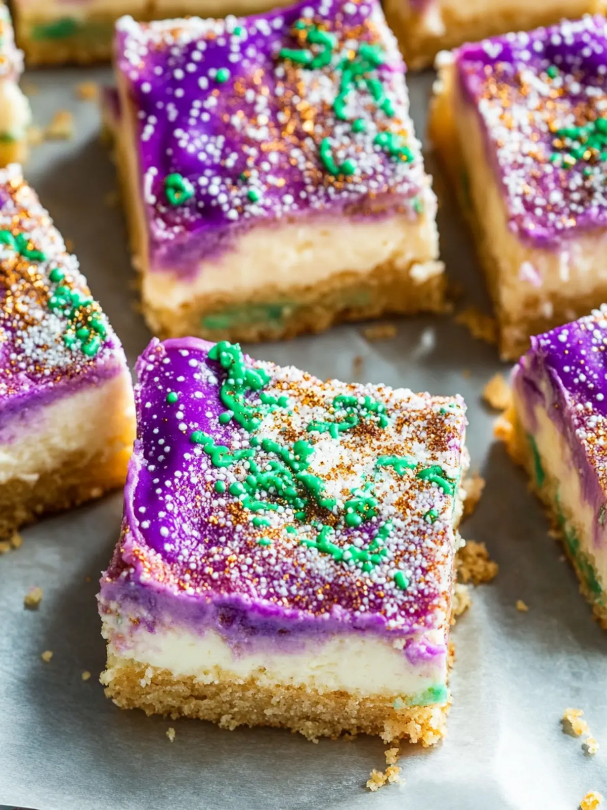 Mardi Gras Delight: Irresistible King Cake Cheesecake Bars 3 King Cake Cheesecake Bars
