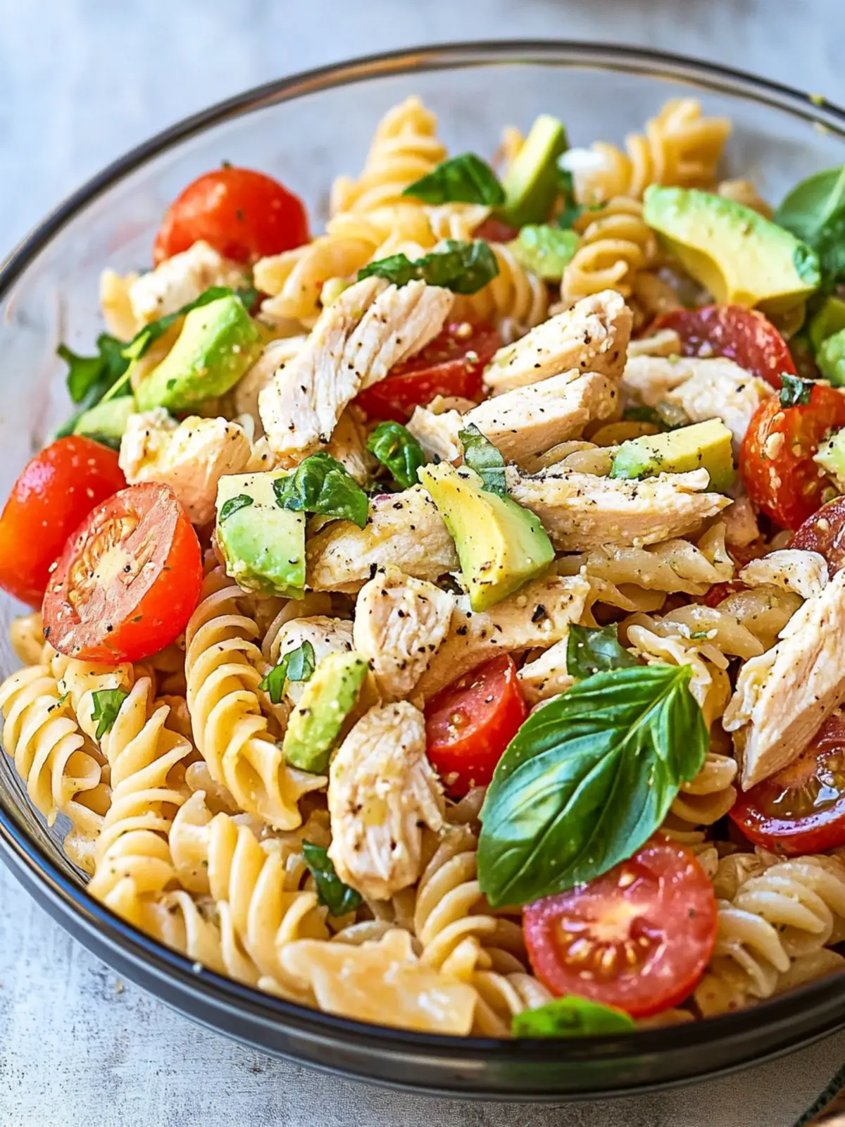 Zesty Healthy Chicken Pasta Salad with Avocado, Tomato, and Basil 2 Healthy Chicken Pasta Salad with Avocado, Tomato, and Basil