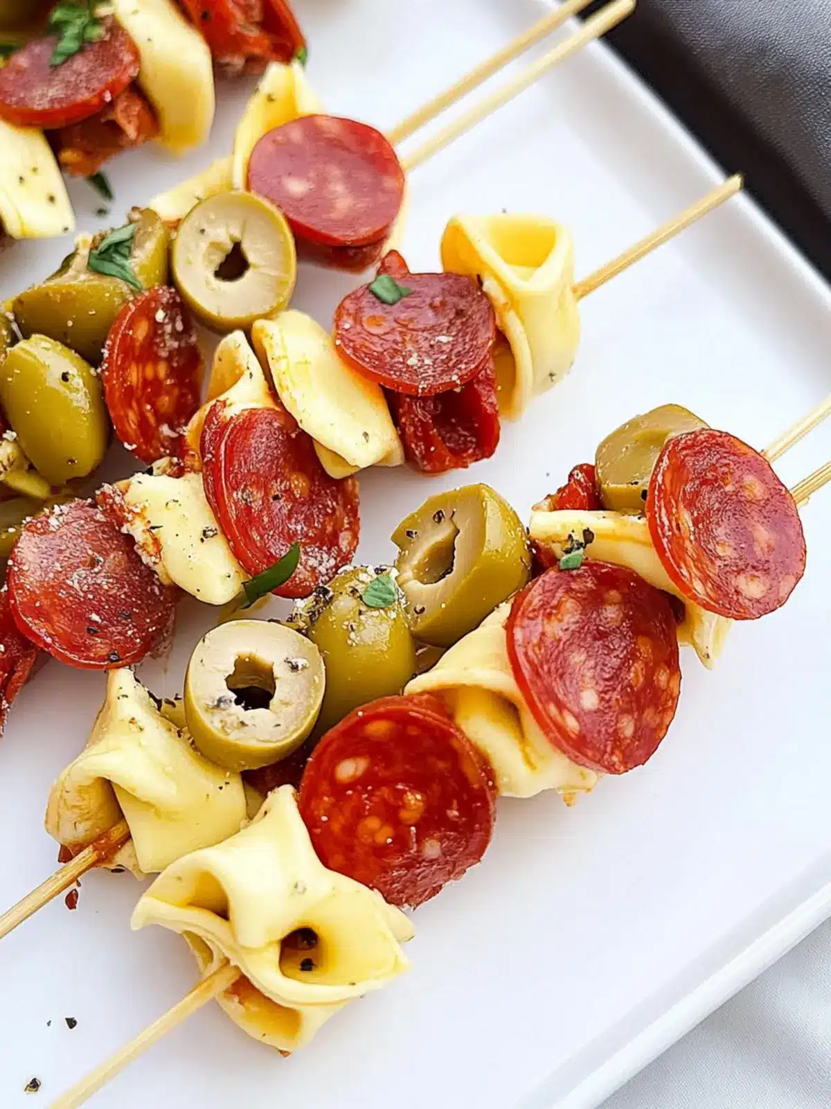 Tortellini Skewers with Olives & Pepperoni: Perfect Party Bites 3 Tortellini Skewers with Olives & Pepperoni