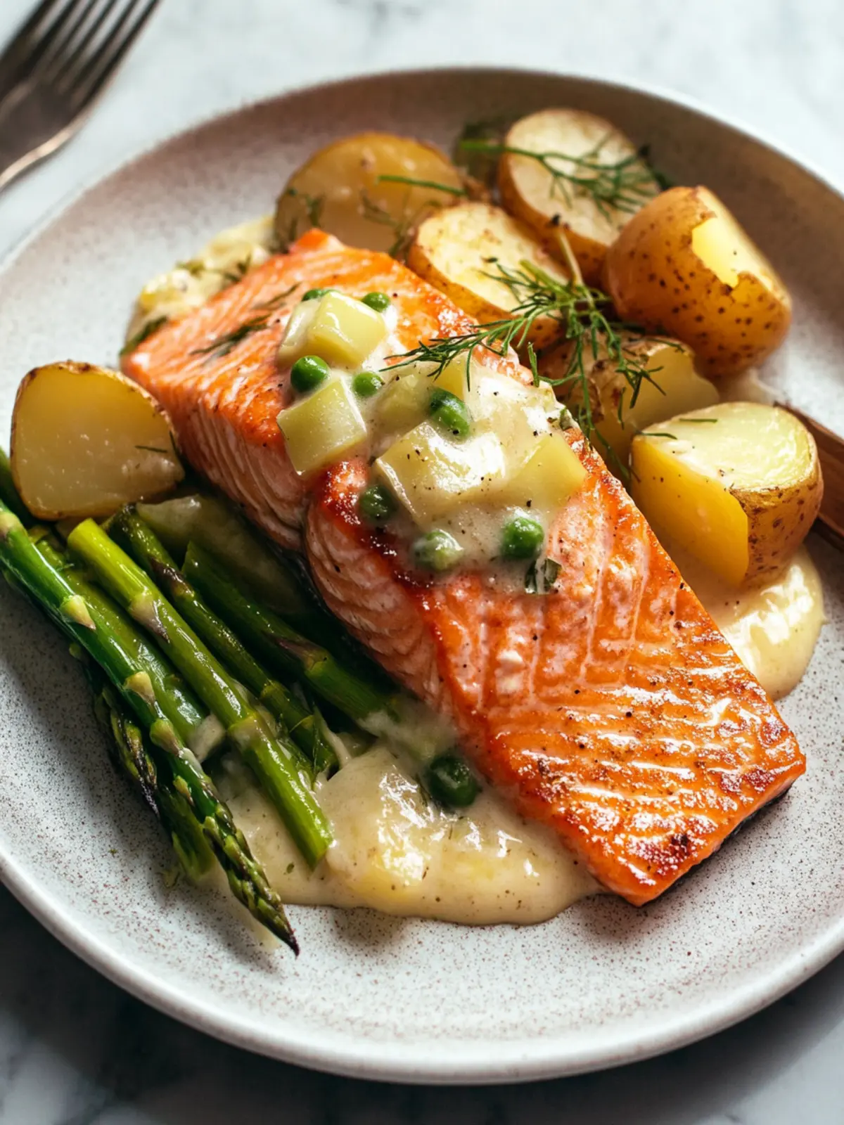 Delicious Spring Salmon with Creamed Leeks and Asparagus Delight 3 Spring Salmon with Creamed Leeks, Potatoes, and Asparagus