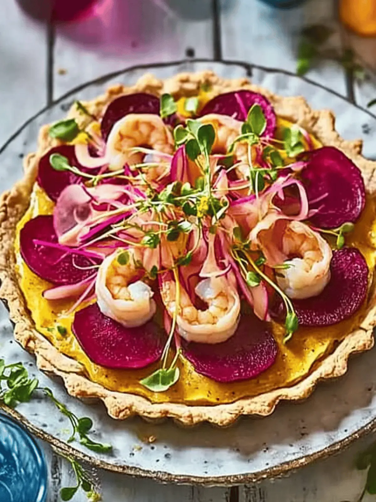 Delicious Potted Shrimp Tart with Rainbow Beet Salad Magic 4 Potted shrimp tart with shaved rainbow beet salad
