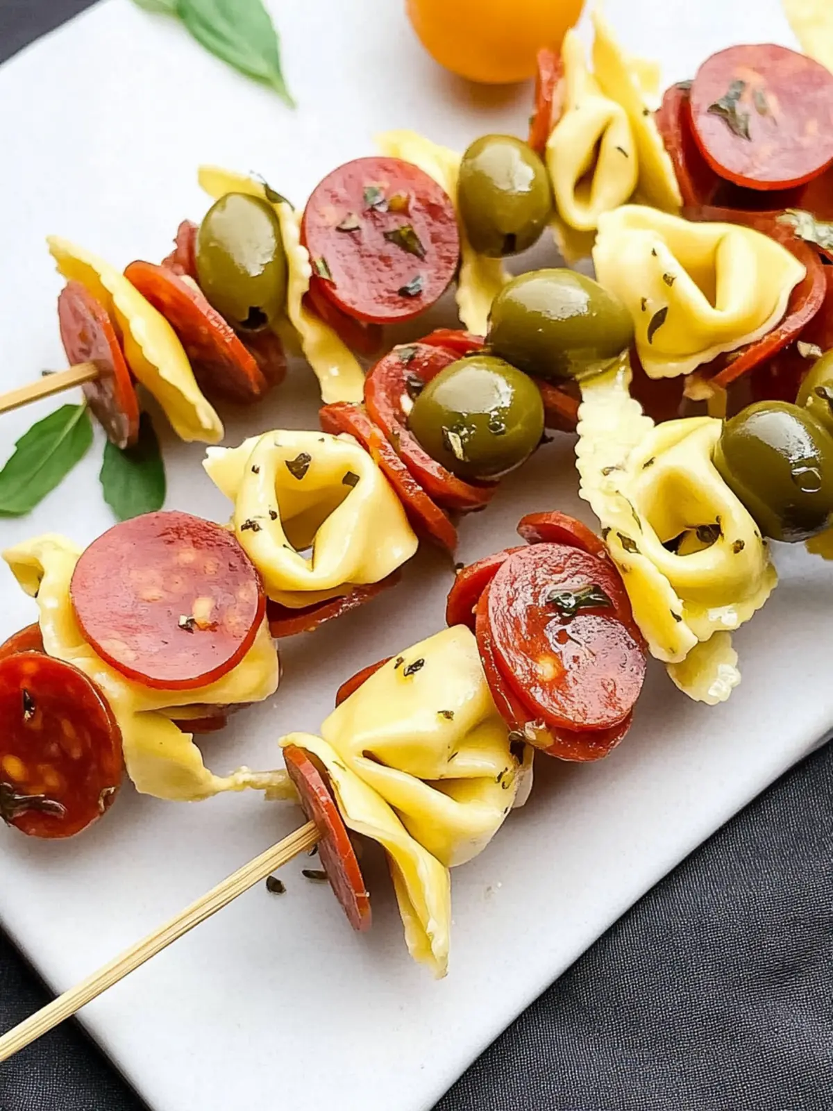 Tortellini Skewers with Olives & Pepperoni: Perfect Party Bites 2 Tortellini Skewers with Olives & Pepperoni