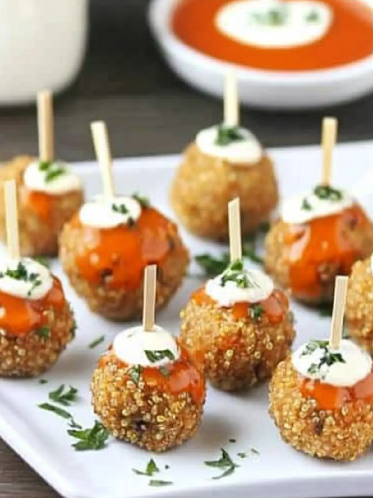 Spicy Buffalo Quinoa Balls with Creamy Ranch Dipping Sauce 4 Buffalo Quinoa Balls with Ranch Dipping Sauce