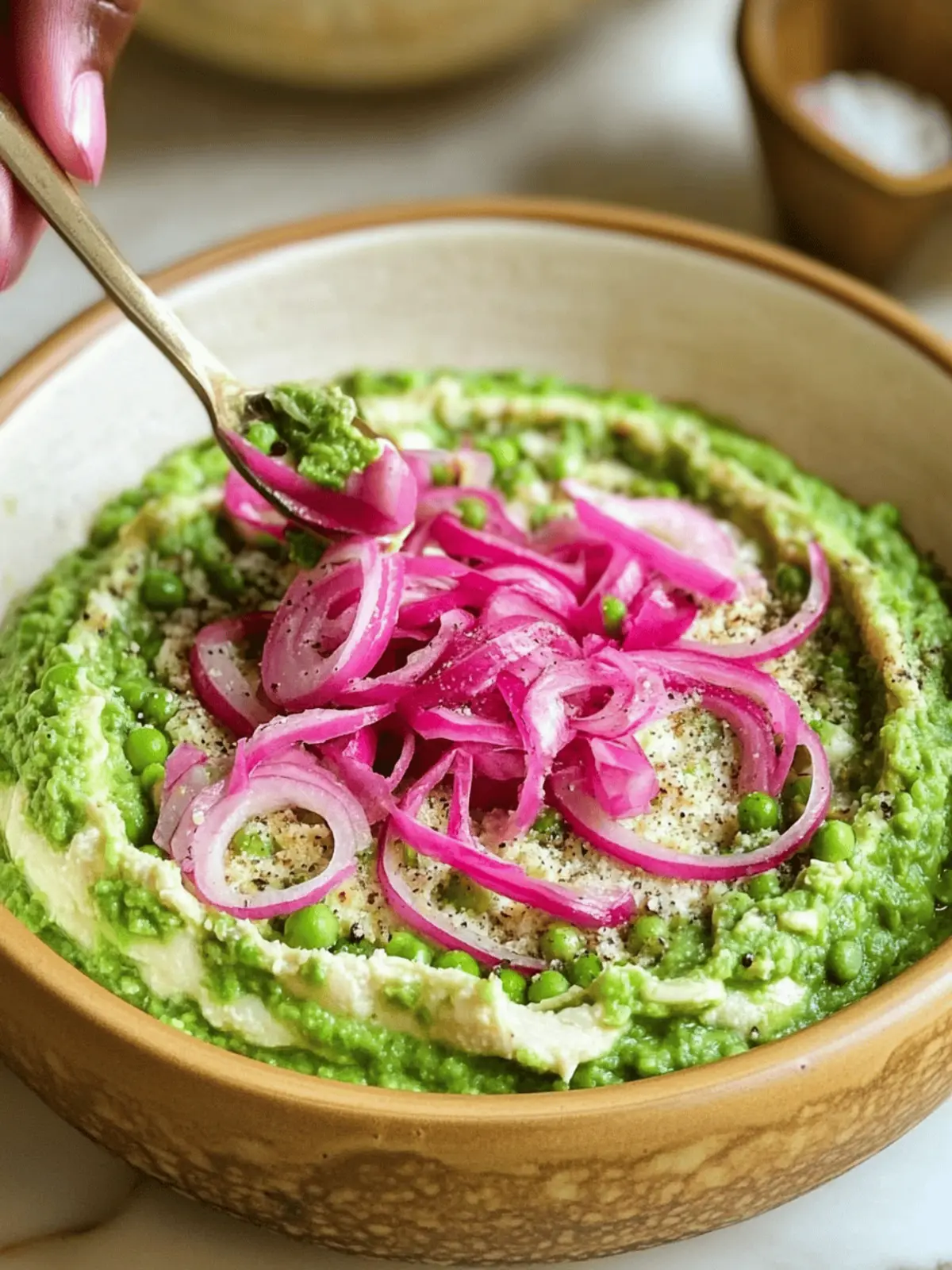 Creamy Pea and Artichoke Dip with Tangy Pickled Onions 4 Pea and artichoke dip with pickled onions